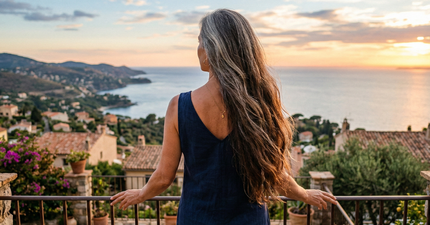 woman with long hair looking off balcony 