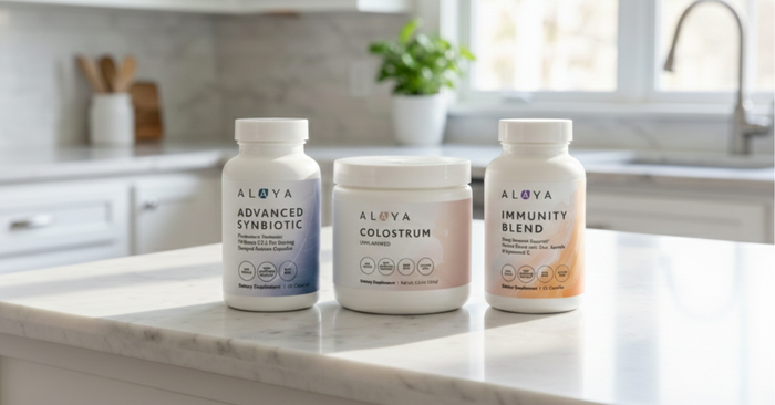 Advanced Synbiotic, Colostrum and Immunity Blend bottles on counter