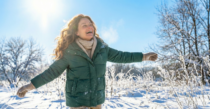 woman frolicking in winter snow
