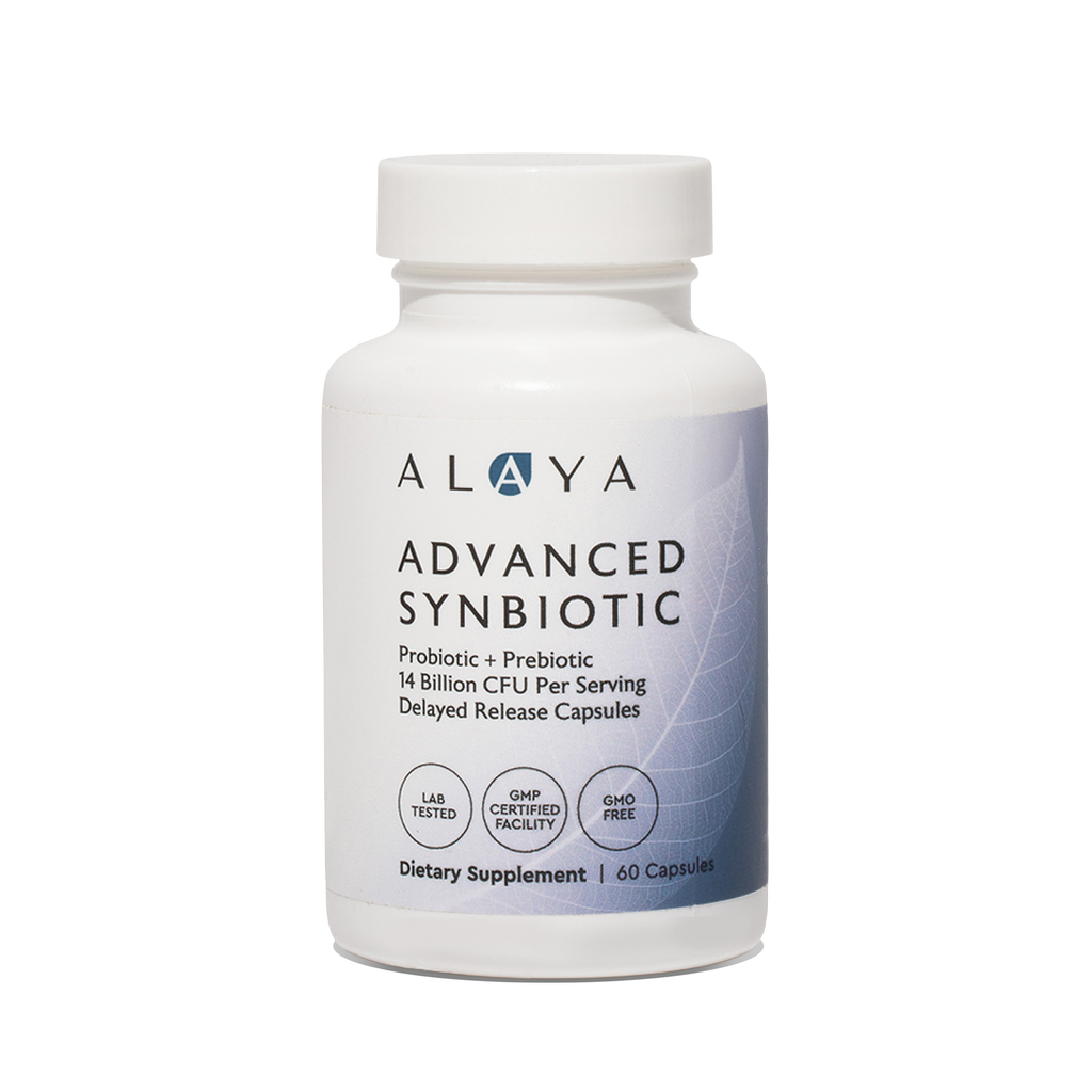 Alaya Advanced Synbiotic supplement bottle on a clear background #hide