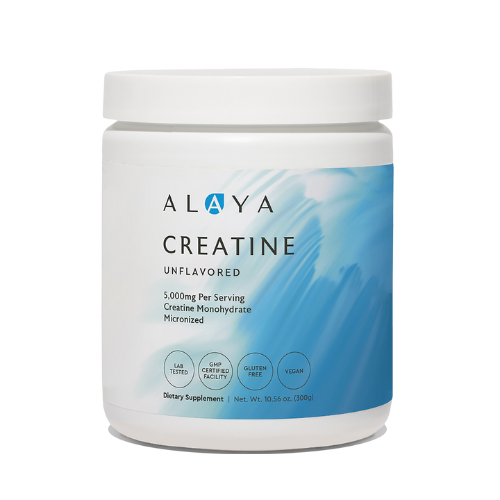 Alaya Micronized Creatine supplement bottle on a clear background #hide
