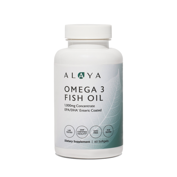 Alaya Omega 3 Fish Oil supplement bottle on a clear background #hide